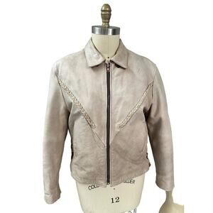 VTG REtro Hot Leathers Womens Motorcycle Jacket Fitted Braided Beige Womens L